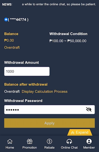 Step 3: Enter the withdrawal amount and withdrawal password.